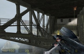 Half-Life 2. Cool sequence where you are under a train bridge jumping from steel beam to steel beam.